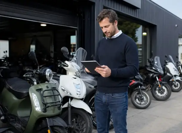 Motorcycle rental manager using a tablet near a fleet of scooters and motorcycles